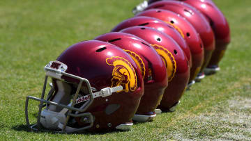 Apr 15, 2017; Los Angeles, CA, USA;  USC Trojans helmets on the field before the start of the annual 2017 Spring Game at the Los Angeles Memorial Coliseum . Mandatory Credit: Jayne Kamin-Oncea-USA TODAY Sports