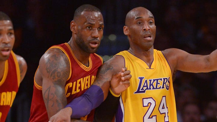 Mar 10, 2016; Los Angeles, CA, USA; Cleveland Cavaliers forward LeBron James (23) and Los Angeles Lakers forward Kobe Bryant (24) battle for position in the first quarter of the game at Staples Center. Mandatory Credit: Jayne Kamin-Oncea-USA TODAY Sports