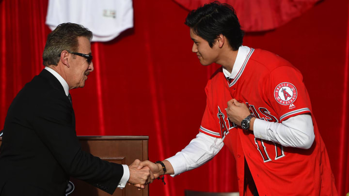 Dec 9, 2017; Anaheim, CA, USA; Los Angeles Angels player Shohei Ohtani (17) is introduced as the