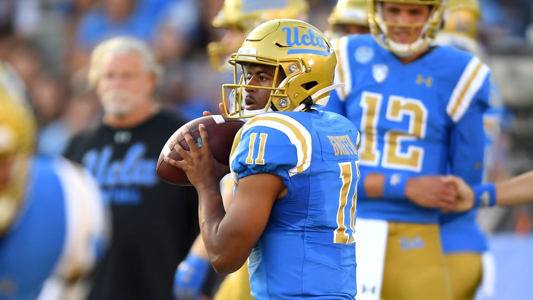 Oct 5, 2019; Pasadena, CA, USA; UCLA Bruins quarterback Chase Griffin (11) warms up before the game against the Oregon State Beavers at the Rose Bowl. Mandatory Credit: Jayne Kamin-Oncea-USA TODAY Sports