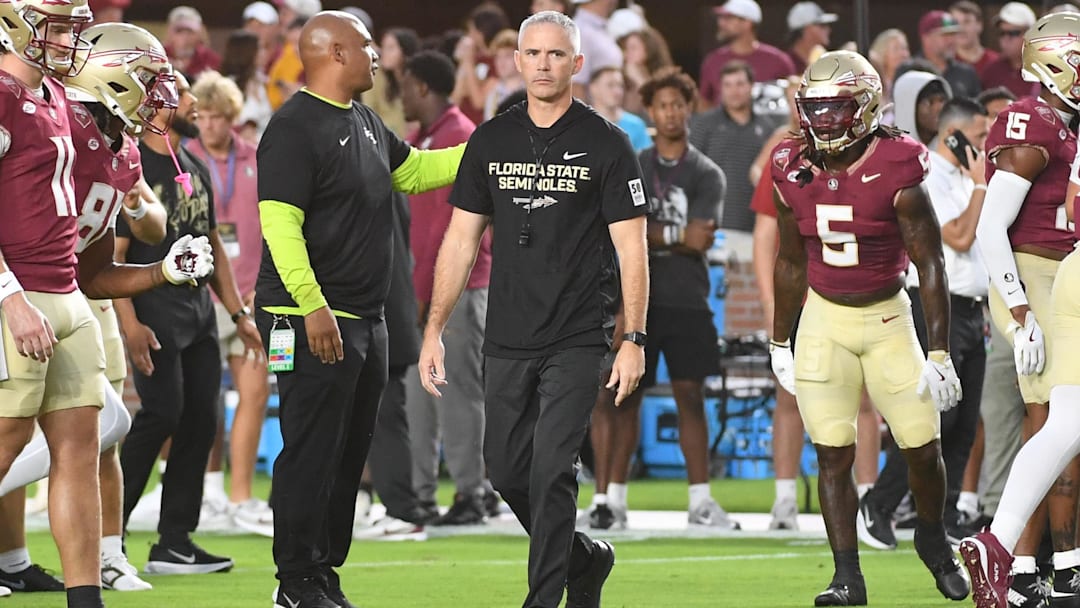 Oct 4, 2025; Tallahassee, Florida, USA; Florida State Seminoles head coach Mike Norvell before a game against the Miami Hurricanes at Doak S. Campbell Stadium. Mandatory Credit: Robert Myers-Imagn Images