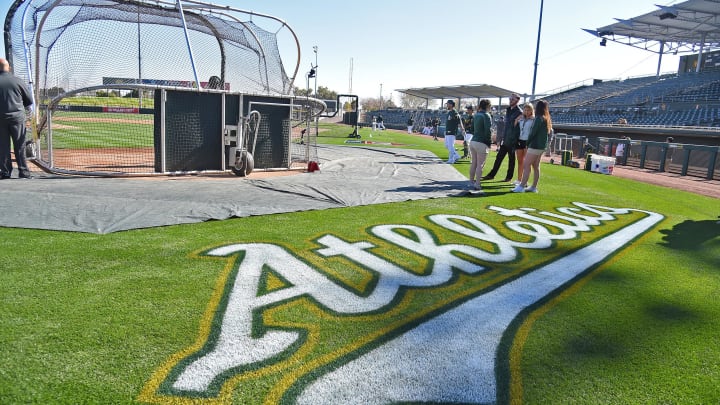 Feb 23, 2018; Mesa, AZ, USA; A general view of a logo on the field prior to the game between the Los