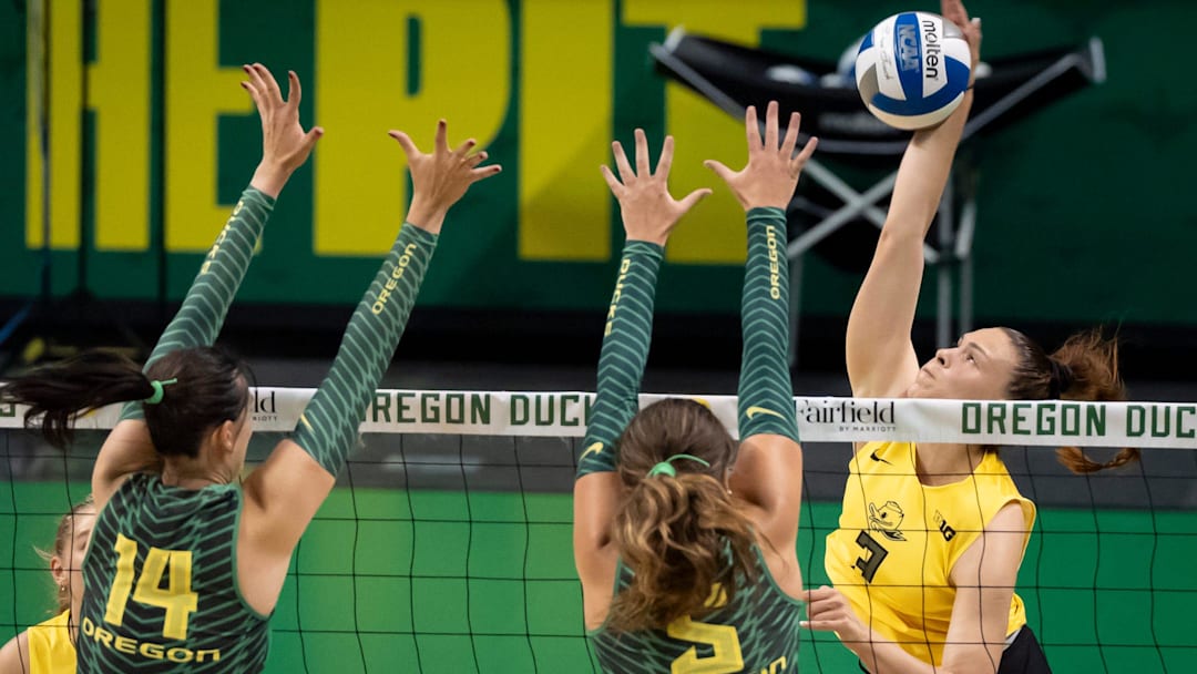 Oregon outside hitter Ksenija Tomic hits during an Oregon volleyball scrimmage at Matthew Knight Arena on Aug. 8, 2025, in Eugene, Oregon.