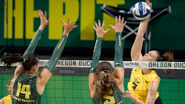 Oregon outside hitter Ksenija Tomic hits during an Oregon volleyball scrimmage at Matthew Knight Arena on Aug. 8, 2025, in Eugene, Oregon.