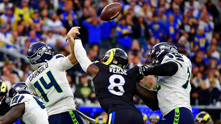 Rams linebacker Jared Verse pressures Seahawks quarterback Sam Darnold during L.A.'s win over Seattle on Sunday.