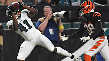 Aug 7, 2025; Philadelphia, Pennsylvania, USA; Philadelphia Eagles wide receiver Darius Cooper (41) catches a 20-yard touchdown pass against the Cincinnati Bengals during the second quarter at Lincoln Financial Field.