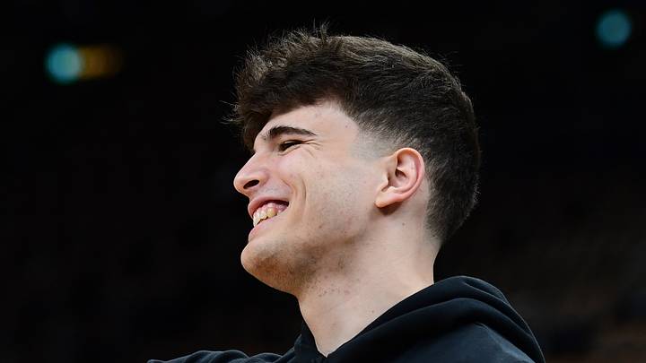 Feb 27, 2026; Boston, Massachusetts, USA; Boston Celtics guard Hugo Gonzalez (28) reacts during warmups prior to a game against the Brooklyn Nets at TD Garden. Mandatory Credit: Bob DeChiara-Imagn Images