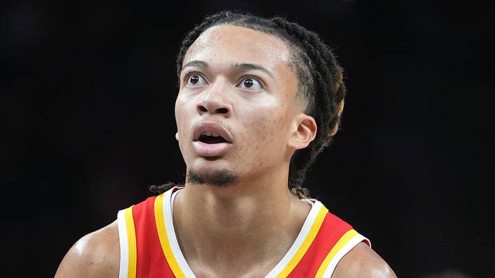 Atlanta Hawks guard Kingston Flemings (4) against the San Antonio Spurs at Frost Bank Center on Oct. 8, 2026.