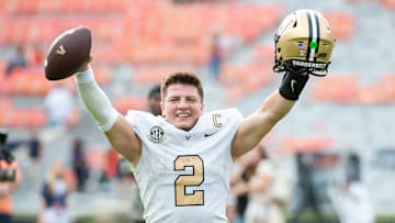 Quarterback Diego Pavia #2 of the Vanderbilt Commodores celebrates after defeating the Auburn Tigers at Jordan-Hare Stadium on November 02, 2024 in Auburn, Alabama.