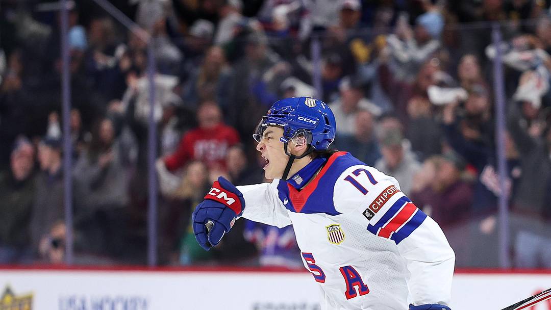 Jan 2, 2026; St. Paul, Minnesota, UNITED STATES; United States forward Ryker Lee (17) celebrates his goal against Finland during the third period in the quarterfinals of the 2026 IIHF World Junior Championship at Grand Casino Arena. Mandatory Credit: Matt Krohn-Imagn Images