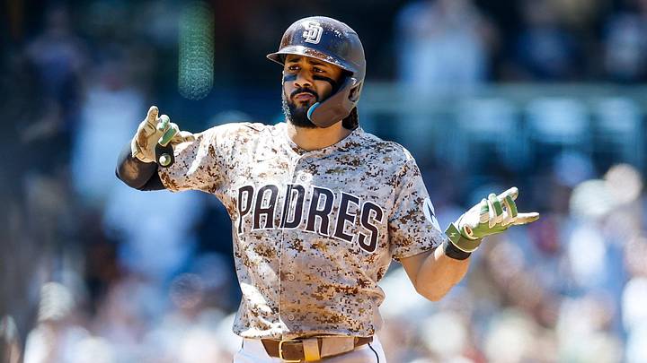 Jun 7, 2026; San Diego, California, USA; San Diego Padres second baseman Fernando Tatis Jr. (23) celebrates after hitting a double during the fifth inning against the New York Mets at Petco Park. Mandatory Credit: David Frerker-Imagn Images