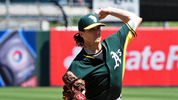 Mar 31, 2015; Tempe, AZ, USA; Oakland Athletics starting pitcher Barry Zito (75) throws during the first inning against the Los Angeles Angels at Tempe Diablo Stadium. Mandatory Credit: Matt Kartozian-Imagn Images