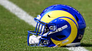 Sep 21, 2025; Philadelphia, Pennsylvania, USA; A Los Angeles Rams helmet during warm-ups against the Philadelphia Eagles at Lincoln Financial Field. Mandatory Credit: Eric Hartline-Imagn Images