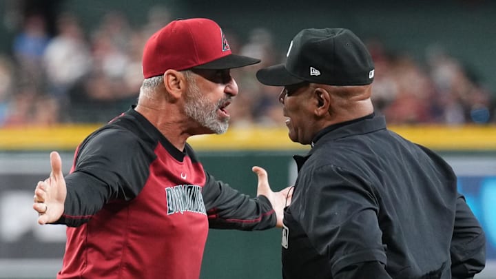 Arizona Diamondbacks manager Torey Lovullo (17) argues with first base umpire Laz Diaz (63) during the seventh inning after being thrown out of the game against the Baltimore Orioles at Chase Field. Arizona Diamondbacks manager Torey Lovullo (17) argues with first base umpire Laz Diaz (63) during the seventh inning after being thrown out of the game against the Baltimore Orioles at Chase Field.