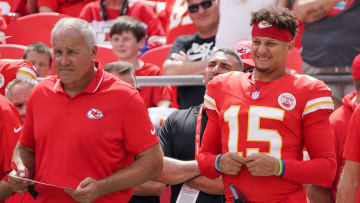 Aug 26, 2023; Kansas City, Missouri, USA; Kansas City Chiefs quarterback Patrick Mahomes (15) stands alongside assistant head coach Dave Toub (left) during the second half against the Cleveland Browns at GEHA Field at Arrowhead Stadium. Mandatory Credit: Denny Medley-USA TODAY Sports