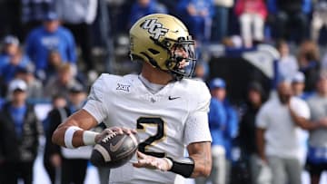 Nov 29, 2025; Provo, Utah, USA; UCF Knights quarterback Tayven Jackson (2) passes against the UCF Knights during the second quarter at LaVell Edwards Stadium. Mandatory Credit: Rob Gray-Imagn Images