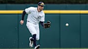Detroit Tigers center fielder Ryan Kreidler (32) catches a fly out against New York Yankees during the fifth inning
 at Comerica Park in Detroit on Wednesday, April 9, 2025.
