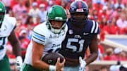 Sep 20, 2025; Oxford, Mississippi, USA; Tulane Green Wave quarterback Jake Retzlaff (12) runs the ball during the second quarter against the Mississippi Rebels at Vaught-Hemingway Stadium. Mandatory Credit: Petre Thomas-Imagn Images