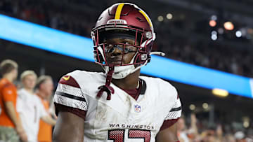 Sep 23, 2024; Cincinnati, Ohio, USA; Washington Commanders wide receiver Terry McLaurin (17) reacts after catching the game winning touchdown during the fourth quarter against the Cincinnati Bengals at Paycor Stadium. Mandatory Credit: Joseph Maiorana-Imagn Images