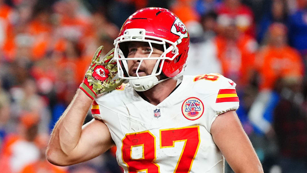 Nov 16, 2025; Denver, Colorado, USA; Kansas City Chiefs tight end Travis Kelce (87) reacts after his touchdown in the fourth quarter against the Denver Broncos at Empower Field at Mile High. Mandatory Credit: Ron Chenoy-Imagn Images