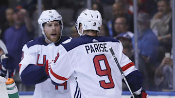 Sep 22, 2016; Toronto, Ontario, Canada; Team USA forward Zach Parise (9)  congratulates Team USA forward Joe Pavelski (8) on his goal against Team Czech Republic during the first period of preliminary round play in the 2016 World Cup of Hockey at Air Canada Centre. Mandatory Credit: John E. Sokolowski-Imagn Images