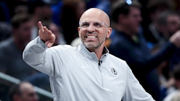 Mar 7, 2025; Dallas, Texas, USA;  Dallas Mavericks head coach Jason Kidd reacts during the game against the Memphis Grizzlies at American Airlines Center. Mandatory Credit: Kevin Jairaj-Imagn Images
