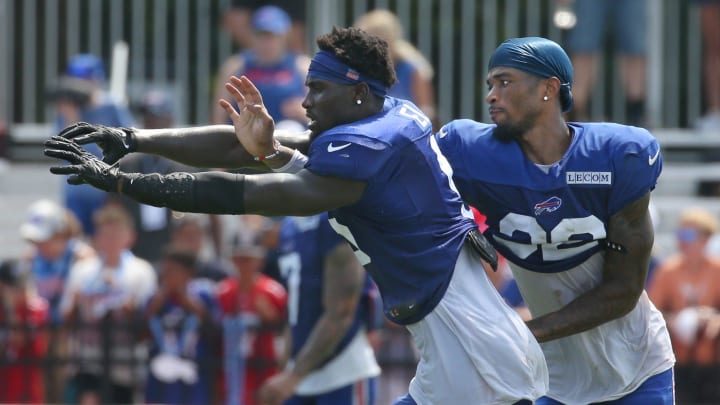 Bills defensive back Kaiir Elam, left, and Kyron Brown put in the extra work with drills on tight coverage after practice.