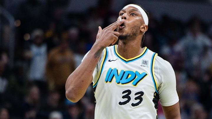 Jan 29, 2025; Indianapolis, Indiana, USA; Indiana Pacers center Myles Turner (33) celebrates a made basket  in the second half against the Detroit Pistons at Gainbridge Fieldhouse. Mandatory Credit: Trevor Ruszkowski-Imagn Images