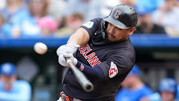 Sep 2, 2024; Kansas City, Missouri, USA; Cleveland Guardians first baseman Josh Naylor (22) hits a double during the eighth inning against the Kansas City Royals at Kauffman Stadium.