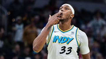 Jan 29, 2025; Indianapolis, Indiana, USA; Indiana Pacers center Myles Turner (33) celebrates a made basket  in the second half against the Detroit Pistons at Gainbridge Fieldhouse. Mandatory Credit: Trevor Ruszkowski-Imagn Images