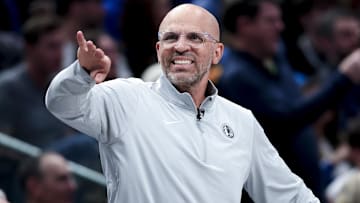 Mar 7, 2025; Dallas, Texas, USA;  Dallas Mavericks head coach Jason Kidd reacts during the game against the Memphis Grizzlies at American Airlines Center. Mandatory Credit: Kevin Jairaj-Imagn Images