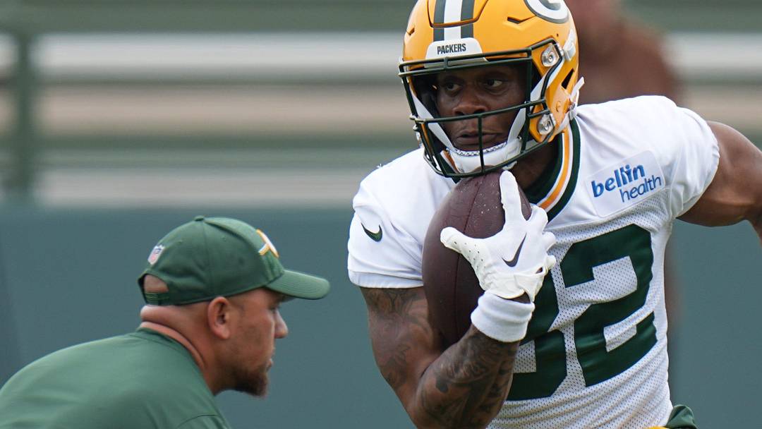 Running back MarShawn Lloyd (32) is shown during organized team activities for the Green Bay Packers Tuesday, May 21, 2024 in Green Bay, Wisconsin.