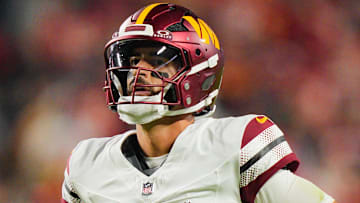 Oct 27, 2025; Kansas City, Missouri, USA; Washington Commanders quarterback Marcus Mariota (8) Mandatory Credit: Jay Biggerstaff-Imagn Images