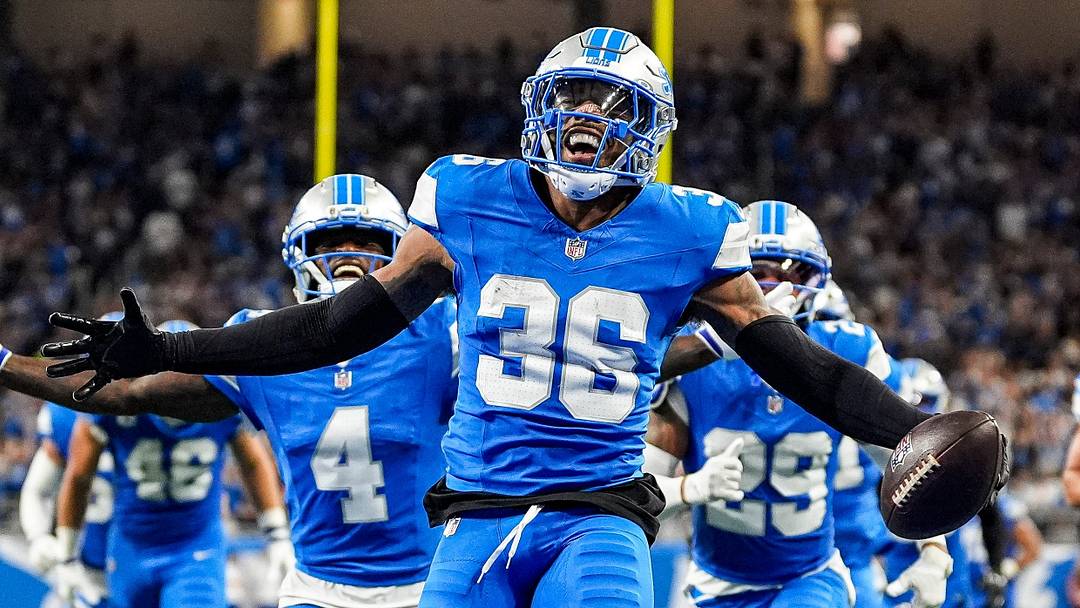 Detroit Lions safety Chuck Clark (36) celebrates an interception against New Orleans Saints during the first half at Ford Field in Detroit on Sunday, Sept. 13, 2026.