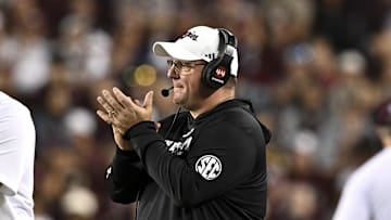 Nov 16, 2024; College Station, Texas, USA; Texas A&M Aggies head coach Mike Elko reacts during the first half against the New Mexico State Aggies at Kyle Field. Mandatory Credit: Maria Lysaker-Imagn Images 