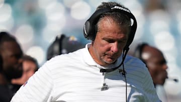 Oct 10, 2021; Jacksonville, Florida, USA; Jacksonville Jaguars head coach Urban Meyer reacts during the second half against the Tennessee Titans at TIAA Bank Field. Mandatory Credit: Jasen Vinlove-Imagn Images