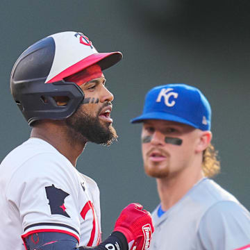 Aug 13, 2024; Minneapolis, Minnesota, USA; Minnesota Twins shortstop Willi Castro (50) celebrates his double against the Kansas City Royals in the first inning at Target Field. Mandatory Credit: Brad Rempel-Imagn Images