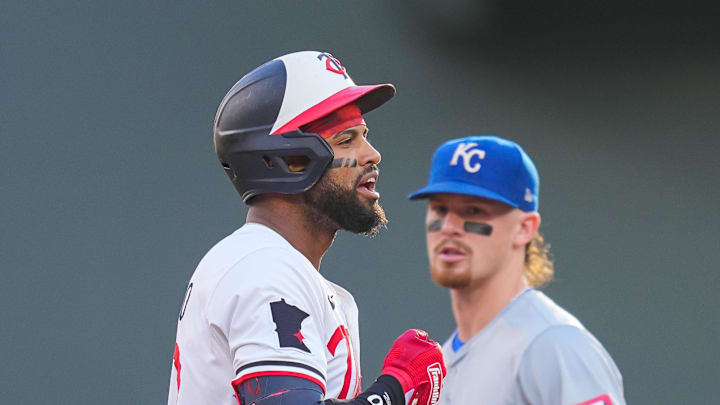 Aug 13, 2024; Minneapolis, Minnesota, USA; Minnesota Twins shortstop Willi Castro (50) celebrates his double against the Kansas City Royals in the first inning at Target Field. Mandatory Credit: Brad Rempel-Imagn Images