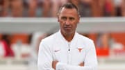 Sep 20, 2025; Austin, Texas, USA; Texas Longhorns head coach Steve Sarkisian watches his players warm up before a game against the Sam Houston State Bearkats at Darrell K Royal-Texas Memorial Stadium. Mandatory Credit: Scott Wachter-Imagn Images