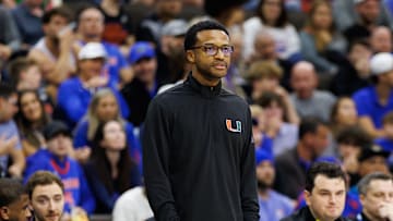 Nov 16, 2025; Jacksonville, Florida, USA; Miami Hurricanes head coach Jai Lucas looks on against the Florida Gators during the first half at VyStar Veterans Memorial Arena. Mandatory Credit: Matt Pendleton-Imagn Images