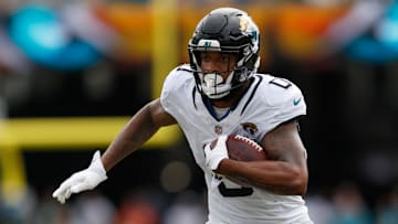 Sep 15, 2024; Jacksonville, Florida, USA; Jacksonville Jaguars wide receiver Gabe Davis (0) runs the ball against the Cleveland Browns during the fourth quarter at EverBank Stadium. Mandatory Credit: Morgan Tencza-Imagn Images