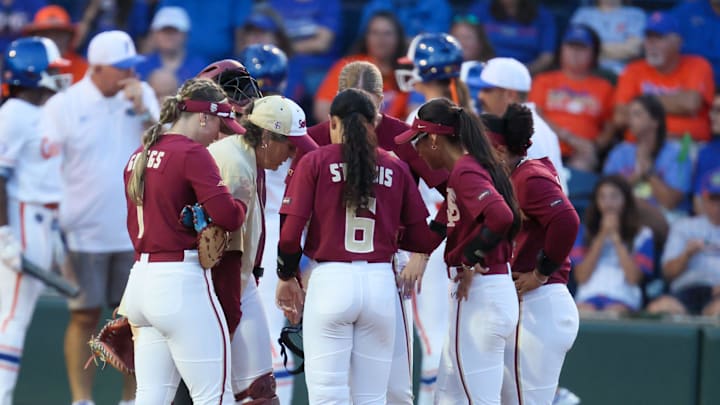 Florida State has a mound conference during a NCAA softball game at Katie Seashole Pressly Stadium in Gainesville, FL on Tuesday, April 28, 2026. [Alan Youngblood/Gainesville Sun]