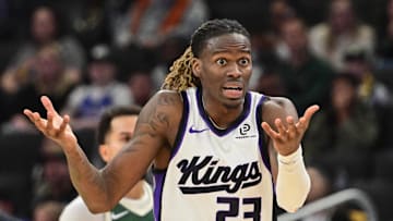 Nov 1, 2025; Milwaukee, Wisconsin, USA;  Sacramento Kings guard Keon Ellis (23) reacts in the second quarter against the Milwaukee Bucks at Fiserv Forum.