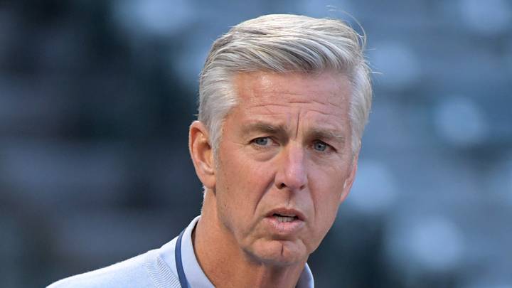 Apr 17, 2018; Anaheim, CA, USA; Boston Red Sox president of baseball operations Dave Dombrowski reacts during a MLB baseball game against the Los Angeles Angels at Angel Stadium of Anaheim. Mandatory Credit: Kirby Lee-USA TODAY Sports