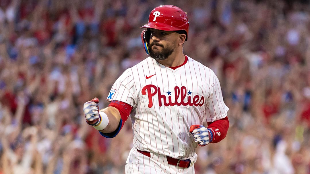 Jul 19, 2025; Philadelphia, Pennsylvania, USA; Philadelphia Phillies outfielder Kyle Schwarber (12) runs the bases after hitting a grand slam home run during the sixth inning against the Los Angeles Angels at Citizens Bank Park.