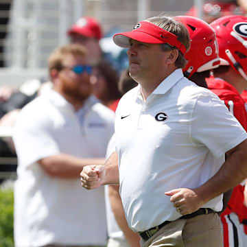 Georgia coach Kirby Smart takes the field for warm ups before the start of a NCAA college football game in Athens, on Saturday, Sept. 7, 2024.