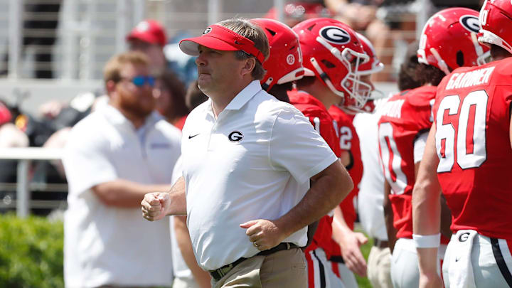 Georgia coach Kirby Smart takes the field for warm ups before the start of a NCAA college football game in Athens, on Saturday, Sept. 7, 2024.