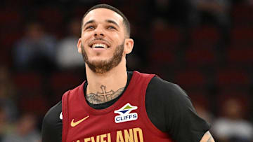Oct 9, 2025; Chicago, Illinois, USA; Cleveland Cavaliers guard Lonzo Ball (2) smiles while in action against the Chicago Bulls during the first half at United Center. Mandatory Credit: Patrick Gorski-Imagn Images