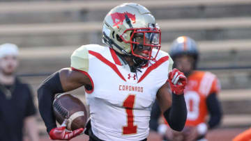 Coronado   s Allen Gant (1) returns an interception in a District 2-5A Division 1 game against Caprock, Thursday night, September 21, 2023, at Dick Bivins Stadium, in Amarillo, Texas. Coronado won 21-7.