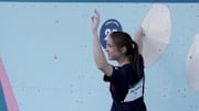Aug 6, 2024; Le Bourget, France; Erin McNeice of Team Great Britain during the Paris 2024 Olympic Summer Games at Le Bourget Sport Climbing Venue. Mandatory Credit: Jack Gruber-Imagn Images